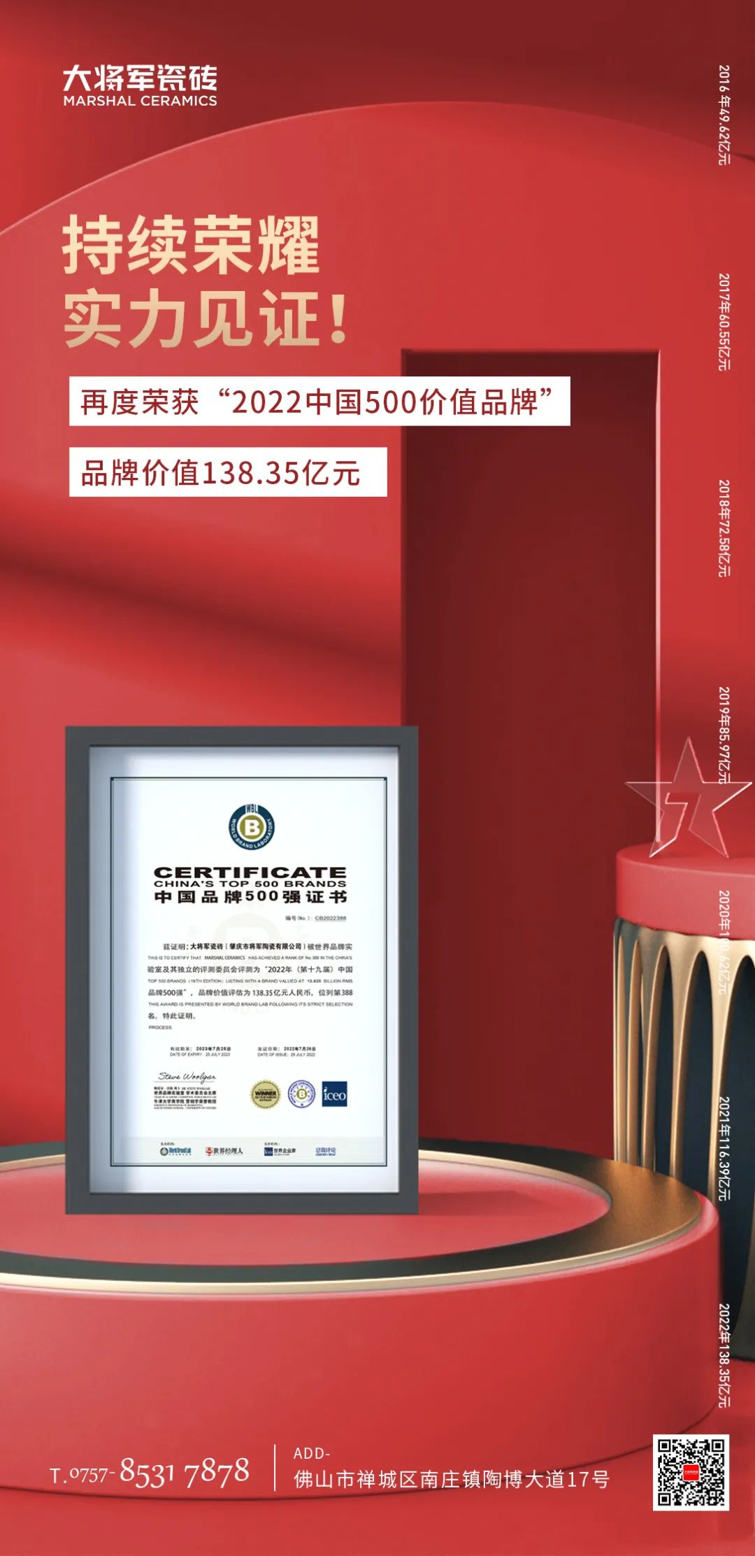 步履不停！138.35億元！大將軍瓷磚連續(xù)7年上榜中國500價值品牌！(圖3)